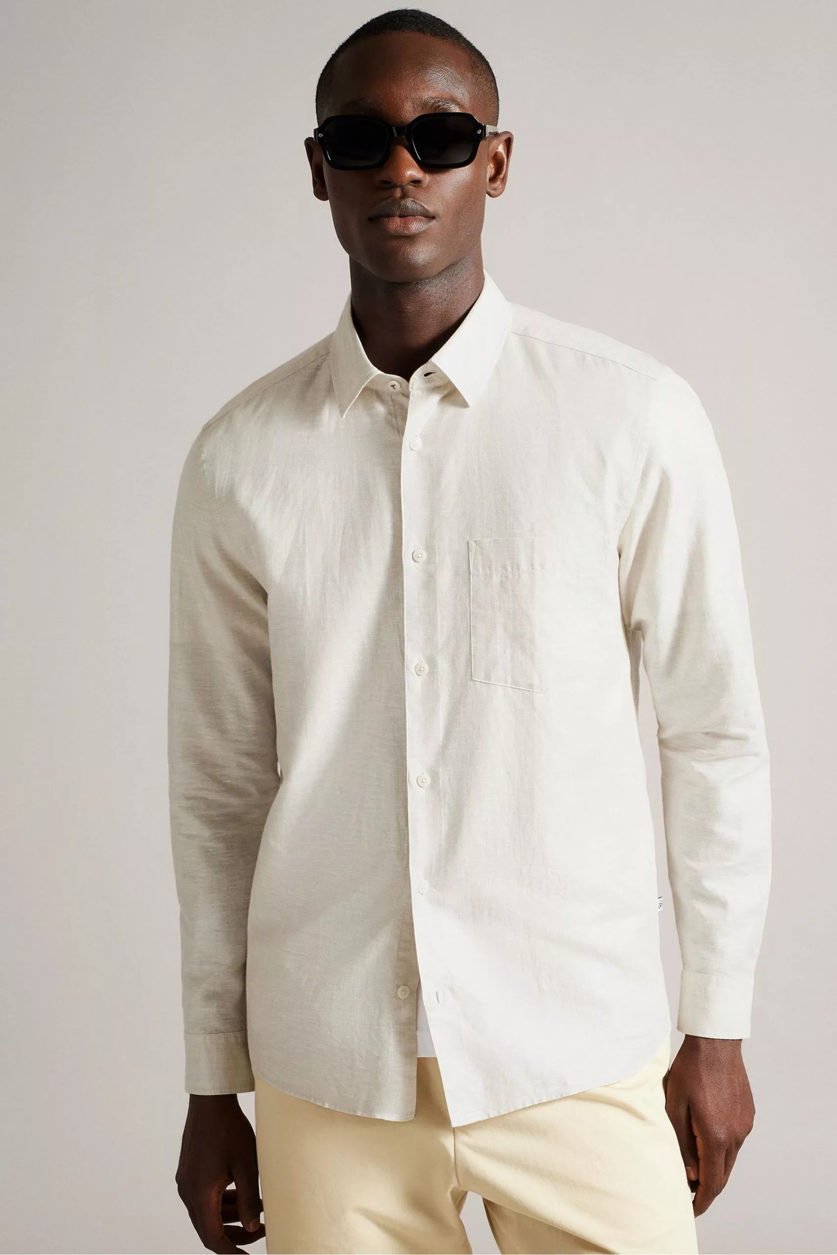 Ted Baker Cream Kingwel Long Sleeve Linen Shirt - Image 3