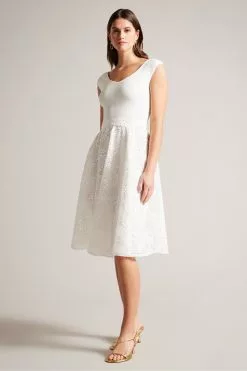 Ted Baker Annikaa White Off Shoulder Knit Bodice Dress