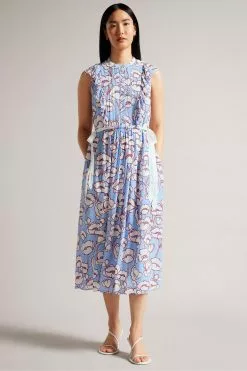 Ted Baker Blue Tindraa Sleeveless Frilled Midi Dress
