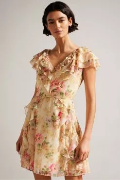 Ted Baker Ammiah Frilled Sleeveless V-Neck Mini Brown Dress