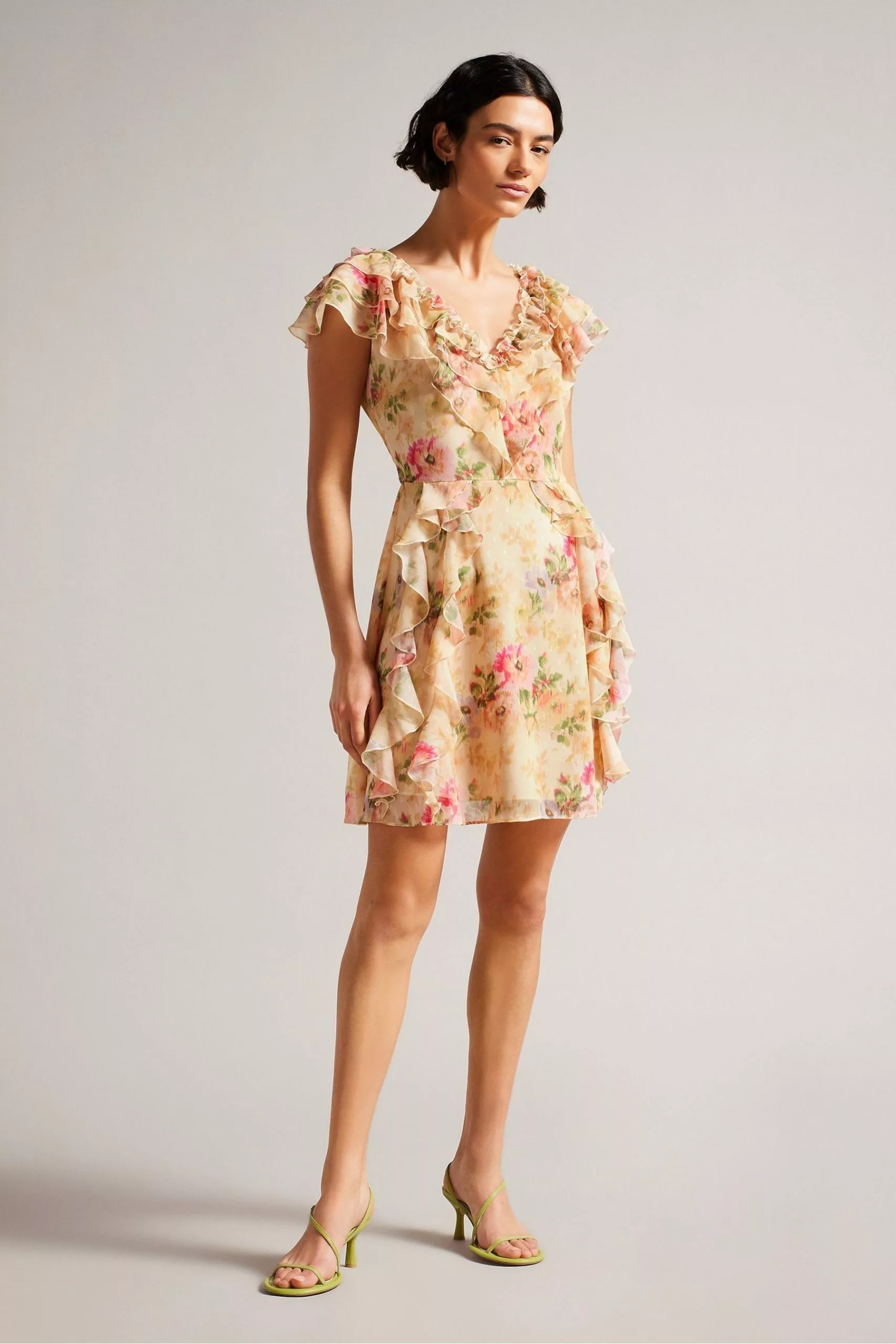 Ted Baker Ammiah Frilled Sleeveless V-Neck Mini Brown Dress - Image 3