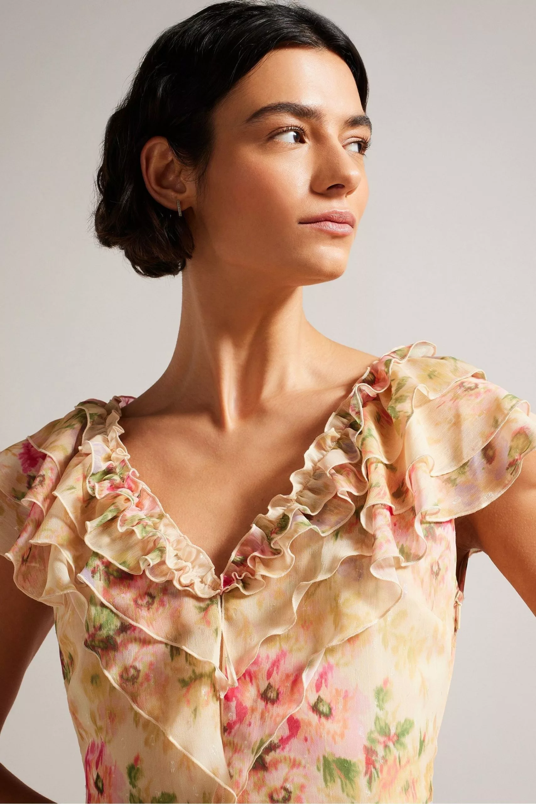 Ted Baker Ammiah Frilled Sleeveless V-Neck Mini Brown Dress - Image 4