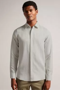 Ted Baker Natural Jasperr Long Sleeved Cotton Linen Shirt