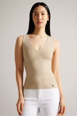 Ted Baker Gold Sharlee Knitted Fitted Vest With Metallic Thread