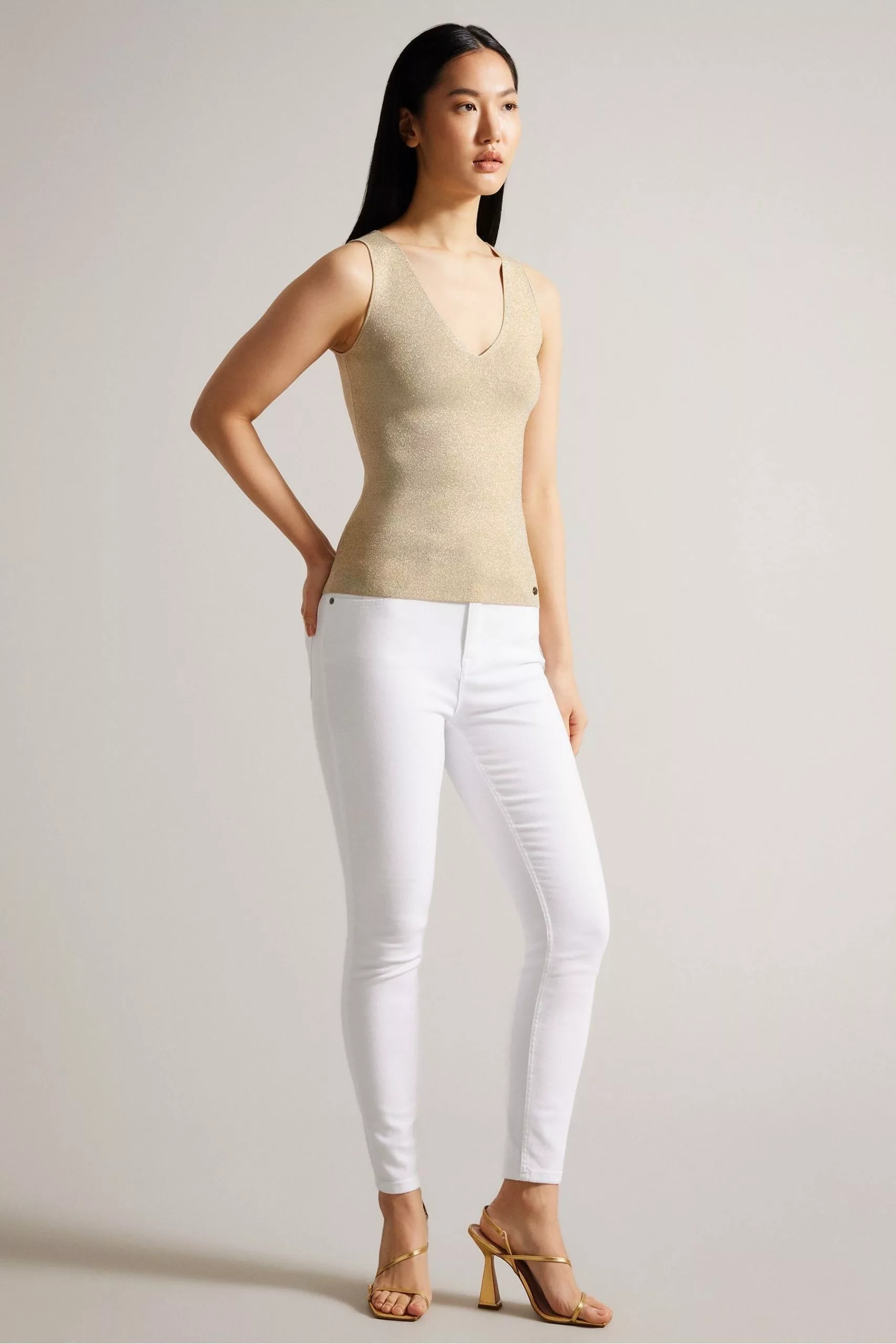 Ted Baker Gold Sharlee Knitted Fitted Vest With Metallic Thread - Image 3