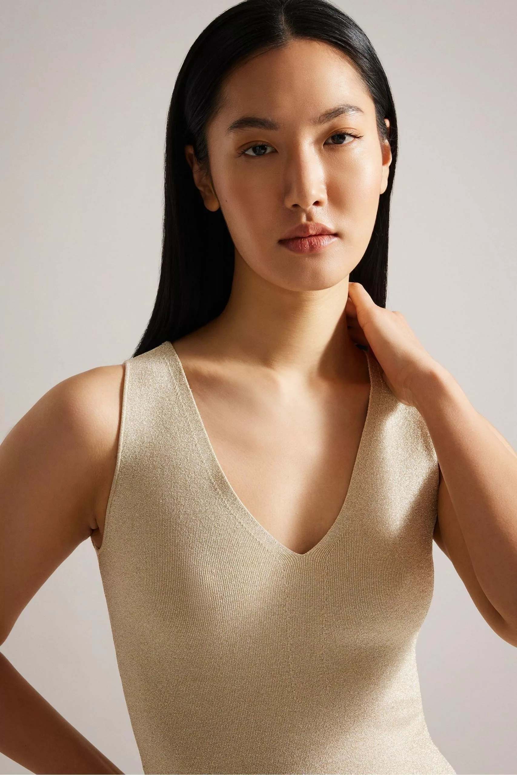 Ted Baker Gold Sharlee Knitted Fitted Vest With Metallic Thread - Image 4