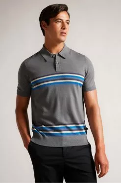 Ted Baker Grey Merino Stripe Polo Shirt
