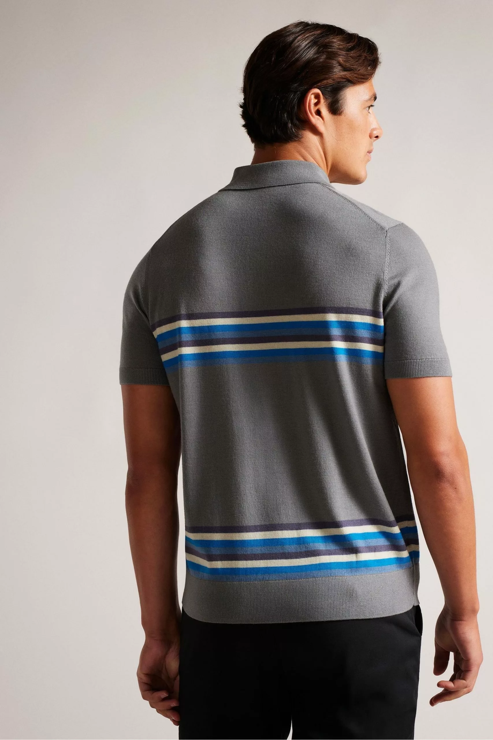 Ted Baker Grey Merino Stripe Polo Shirt - Image 2