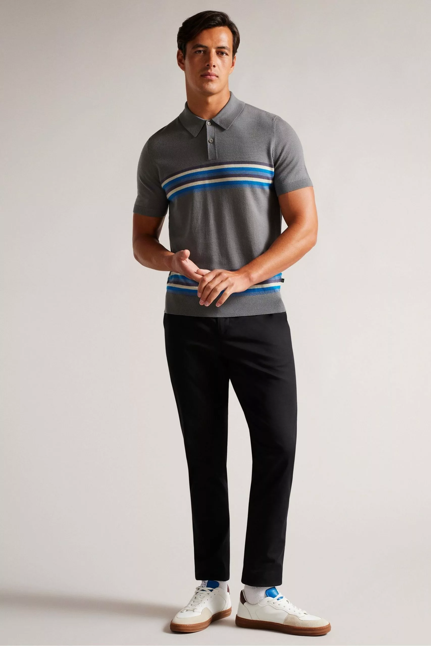 Ted Baker Grey Merino Stripe Polo Shirt - Image 3