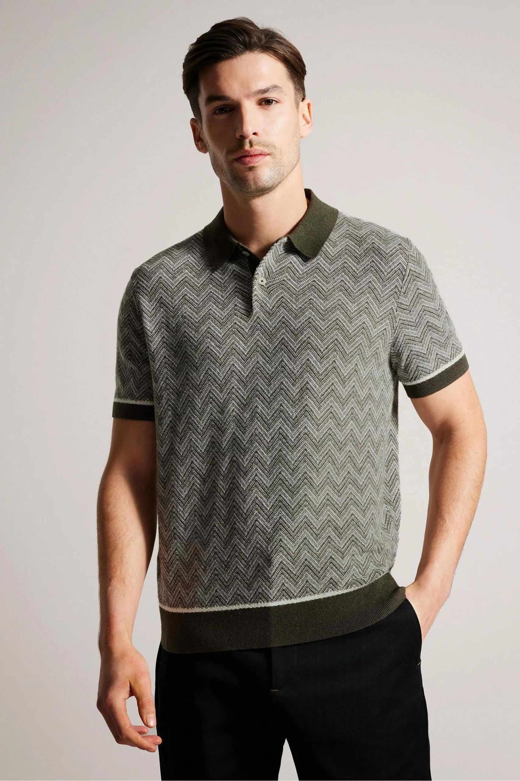 Ted Baker Green Waldun Short Sleeve Zig Zag Stitched Polo Shirt