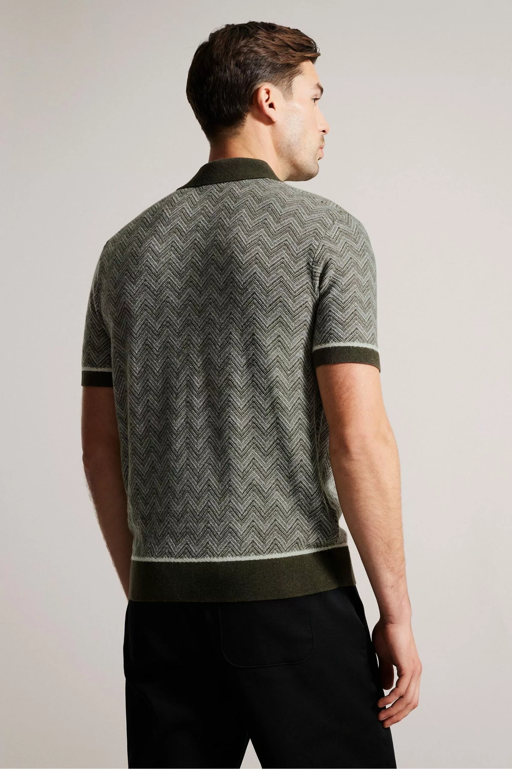 Ted Baker Green Waldun Short Sleeve Zig Zag Stitched Polo Shirt - Image 2