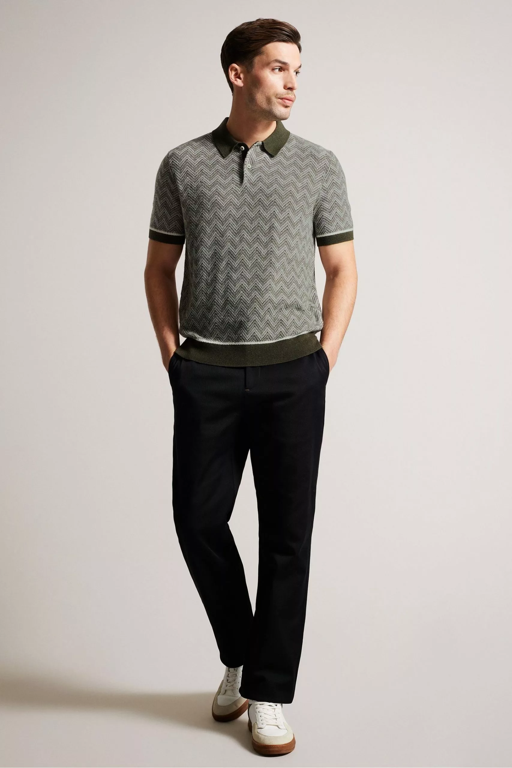 Ted Baker Green Waldun Short Sleeve Zig Zag Stitched Polo Shirt - Image 3