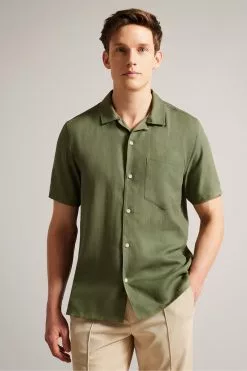 Ted Baker Green Wesland Short Sleeved Linen Blend Revera Shirt