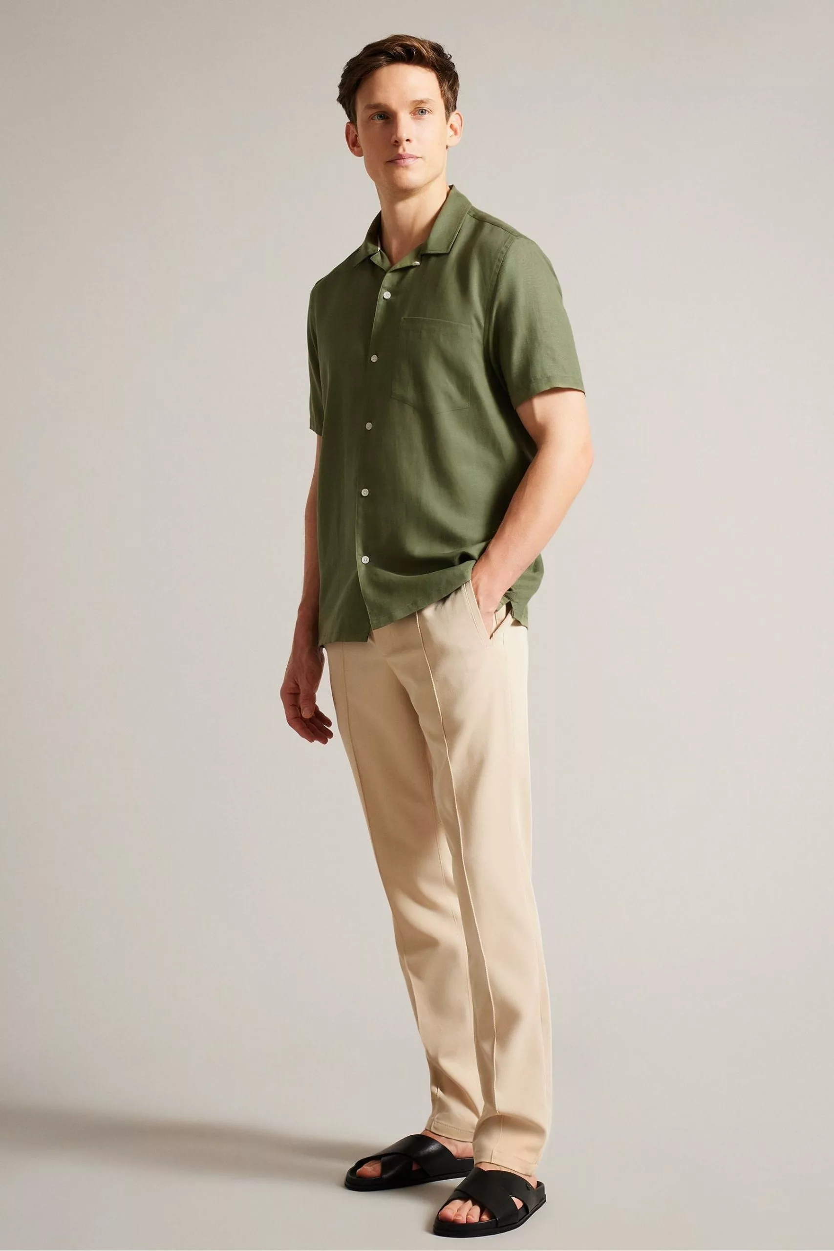 Ted Baker Green Wesland Short Sleeved Linen Blend Revera Shirt - Image 3
