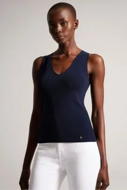 Ted Baker Josiiy Blue V-Neck Slim Fit Sleeveless Knit Top