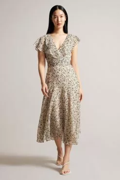 Ted Baker Pink Taliar Midi Tea Dress With Circular Cut Ruffles