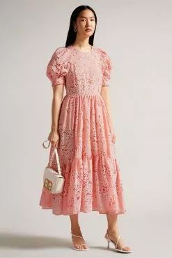 Ted Baker Pink Esthher Coral Puff Sleeve Tiered Midi Dress
