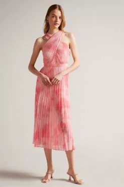 Ted Baker Pink Mirelia Coral Cross Front Pleated Midi Dress