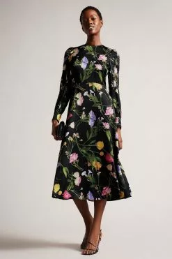 Ted Baker Arianya Blouson Sleeve Black Midi Dress
