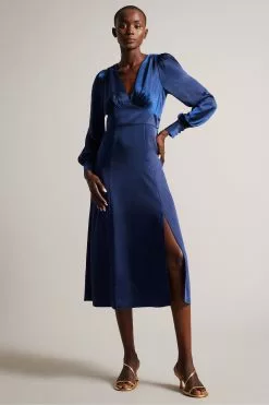 Ted Baker Blue Daniia Waisted Midi Dress With Blouson Sleeve