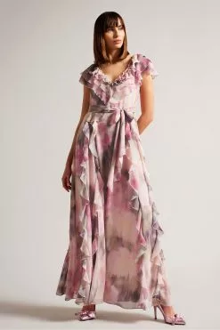 Ted Baker Pink Karenie Coral Frilled Sleeveless V-Neck Maxi Dress
