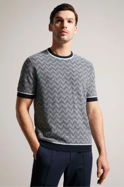 Ted Baker Navy Blue Nudla Zig Zag Stitched Knitted T-Shirt