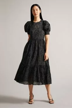Ted Baker Meganie Puff Sleeve Tiered Midi Black Dress