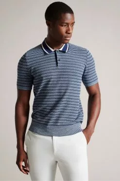 Ted Baker Blue Radwint Short Sleeved Textured Striped Polo Shirt