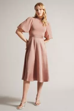Ted Baker Pink Brontei Puff Sleeve Fitted Bodice Midi Dress