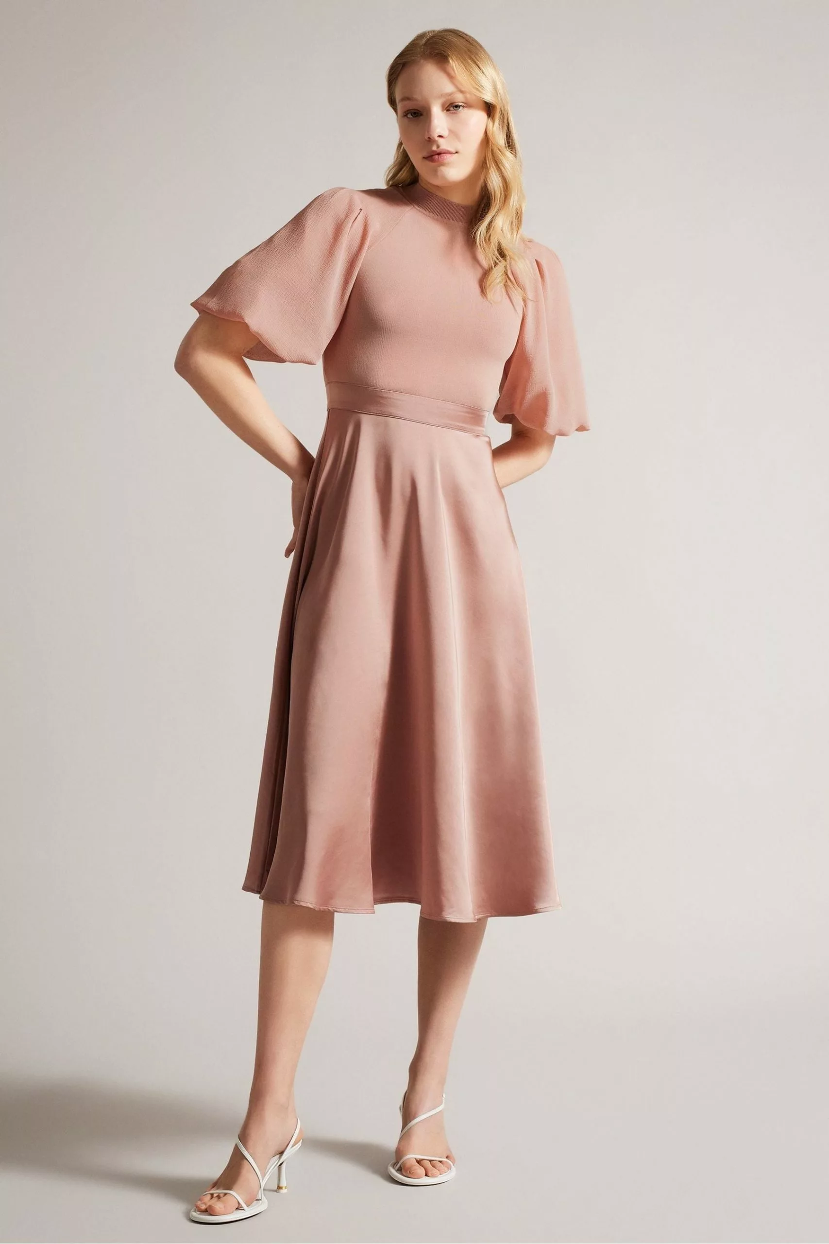Ted Baker Pink Brontei Puff Sleeve Fitted Bodice Midi Dress