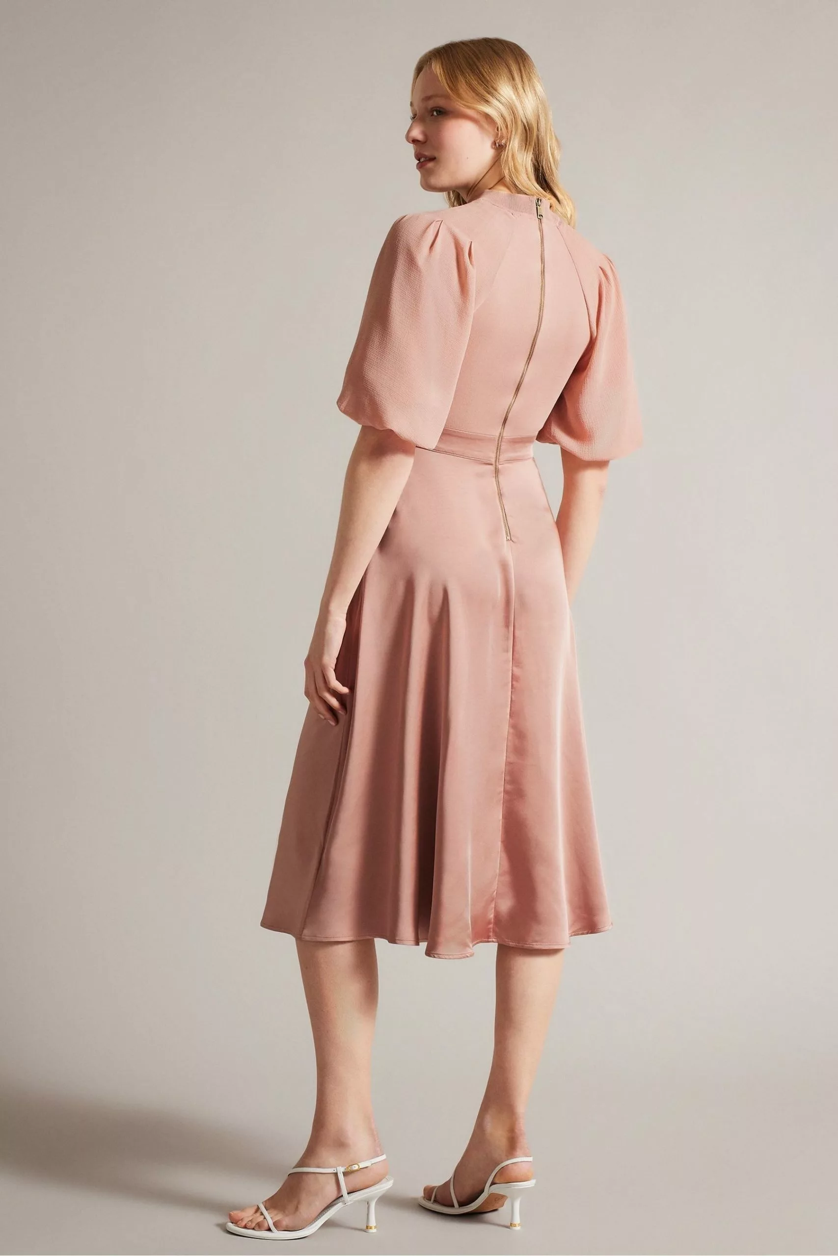 Ted Baker Pink Brontei Puff Sleeve Fitted Bodice Midi Dress - Image 2