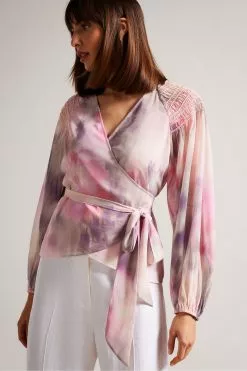 Ted Baker Pink Emiliah Coral Wrap Blouse With Smocked Shoulder