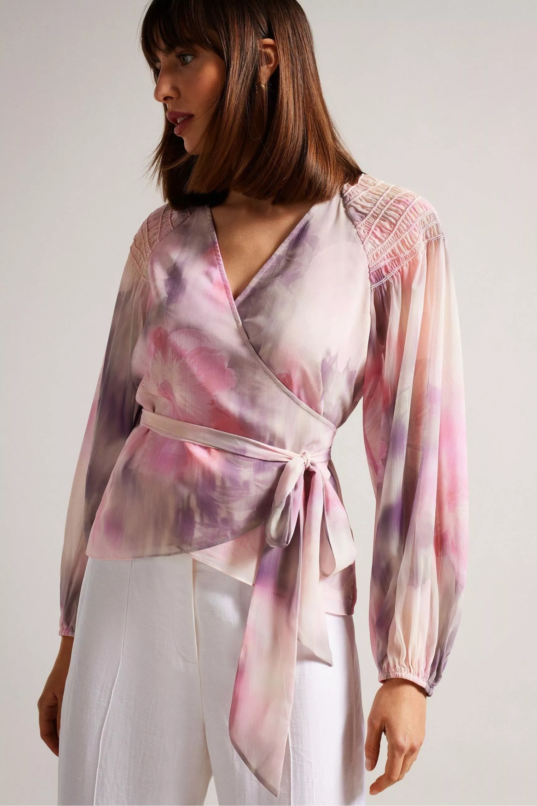 Ted Baker Pink Emiliah Coral Wrap Blouse With Smocked Shoulder