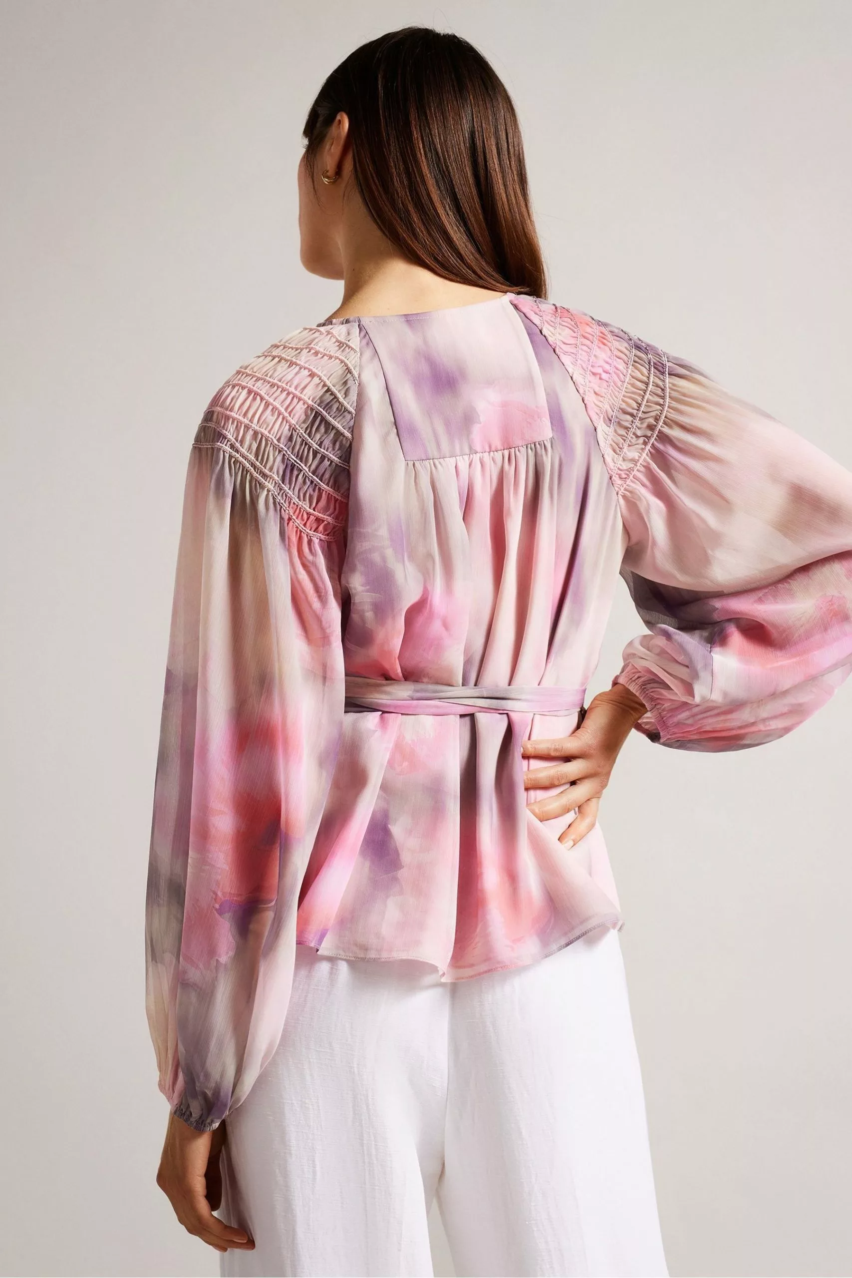 Ted Baker Pink Emiliah Coral Wrap Blouse With Smocked Shoulder - Image 2