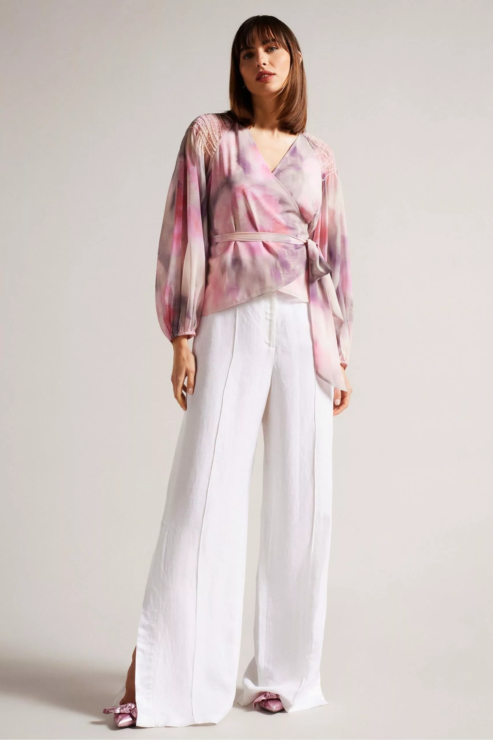 Ted Baker Pink Emiliah Coral Wrap Blouse With Smocked Shoulder - Image 3