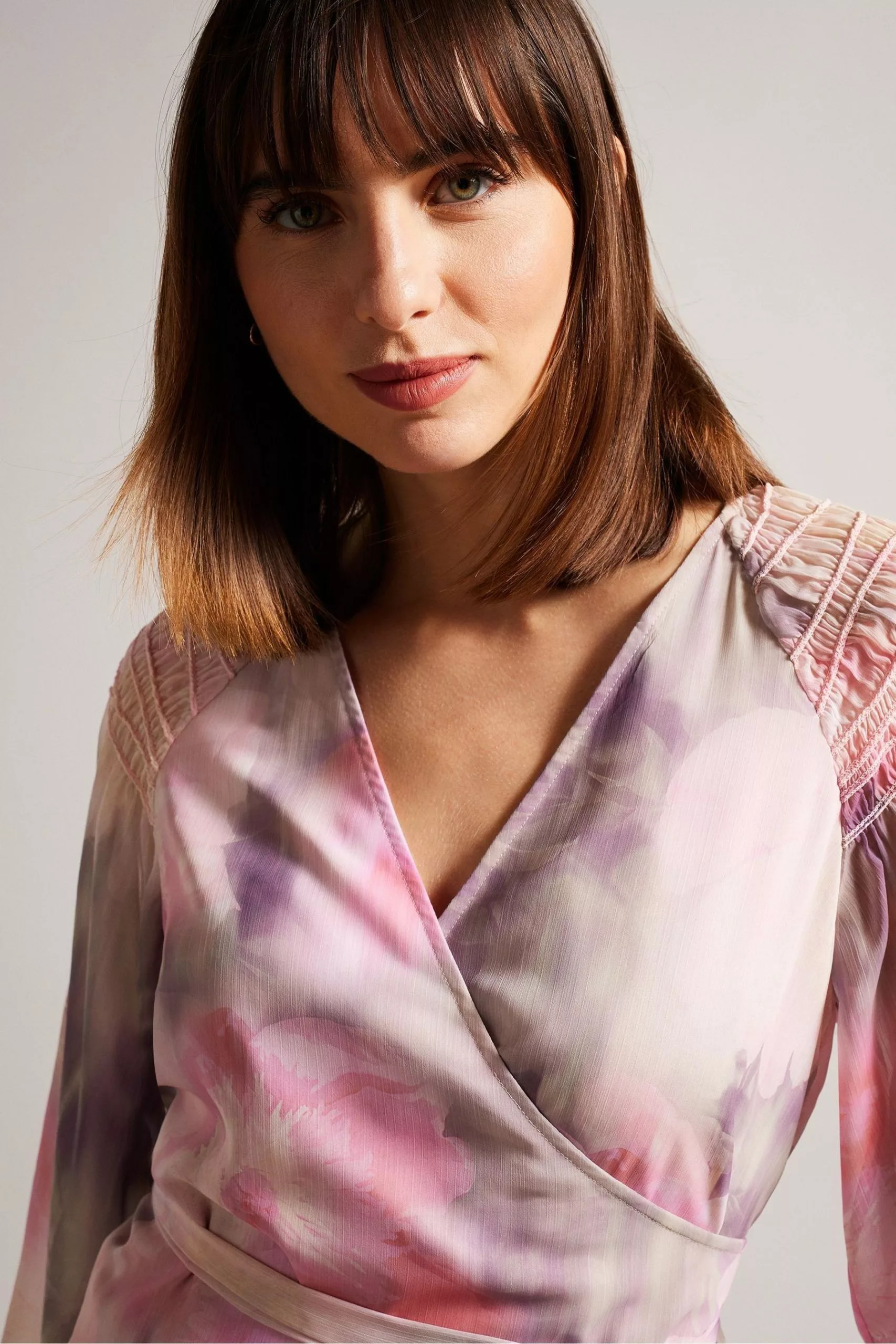 Ted Baker Pink Emiliah Coral Wrap Blouse With Smocked Shoulder - Image 4