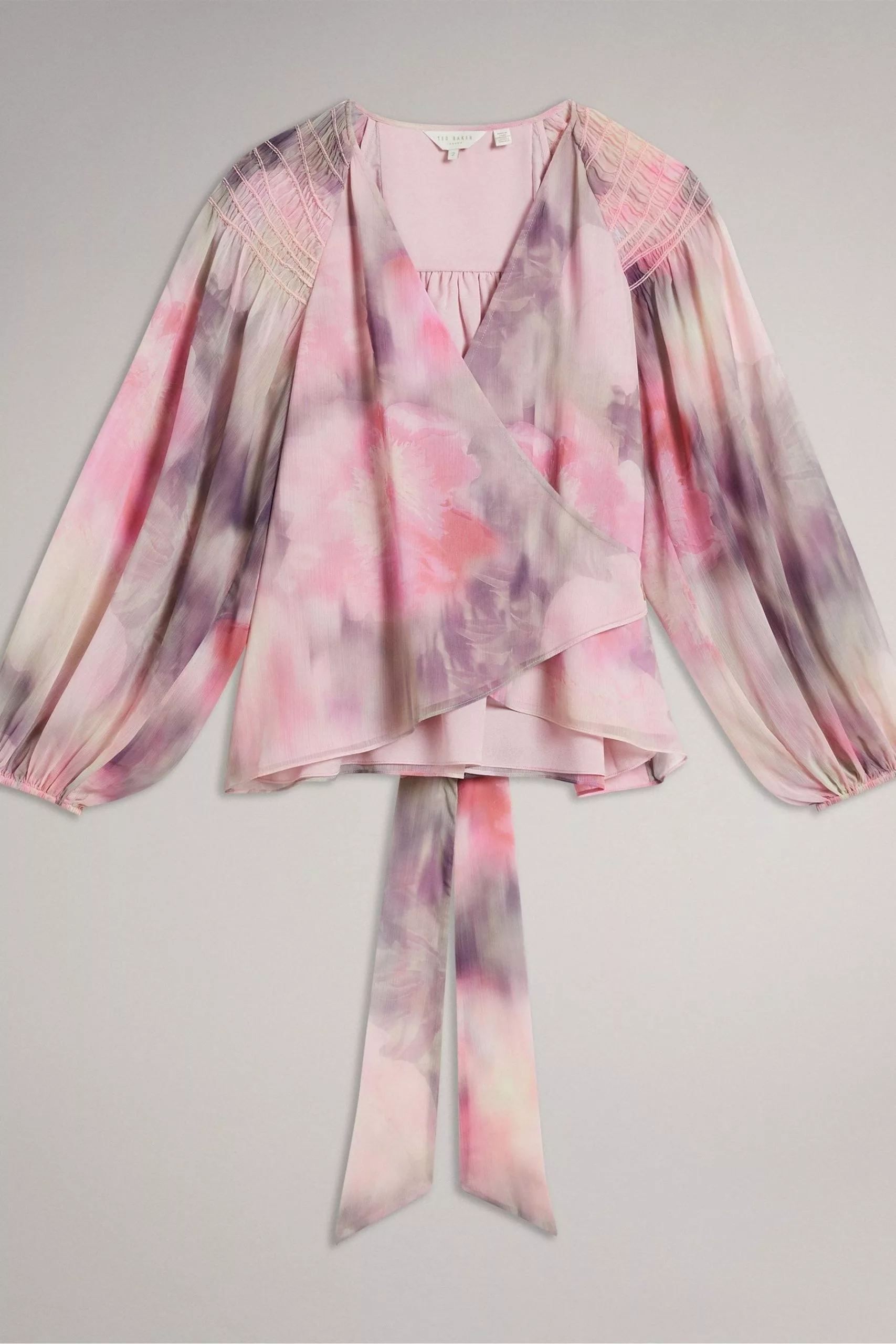 Ted Baker Pink Emiliah Coral Wrap Blouse With Smocked Shoulder - Image 5
