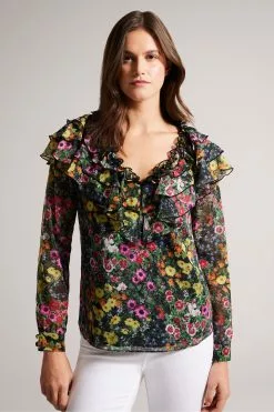 Ted Baker Amell Black Frilled V-Neck Long Sleeved Blouse