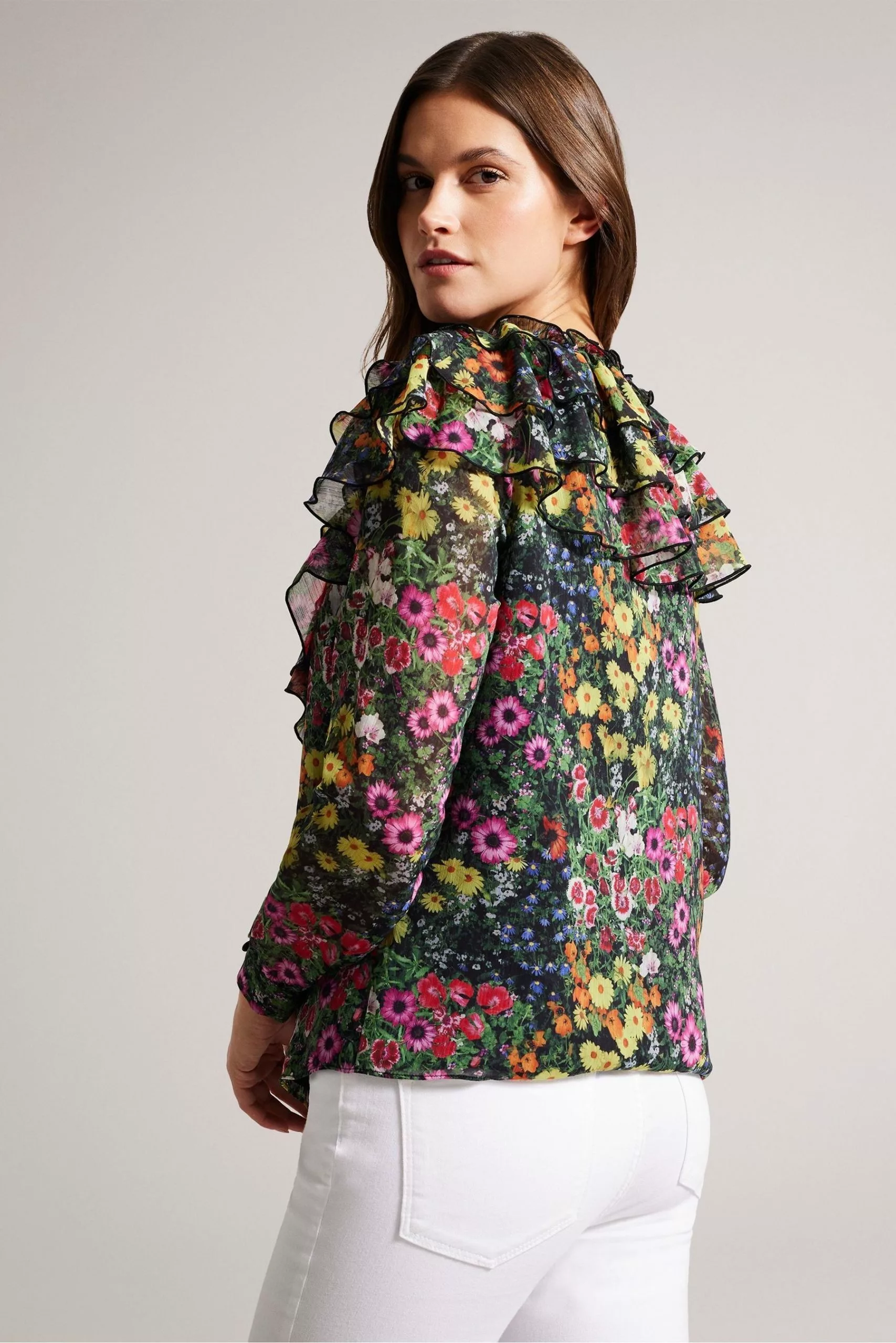 Ted Baker Amell Black Frilled V-Neck Long Sleeved Blouse - Image 2