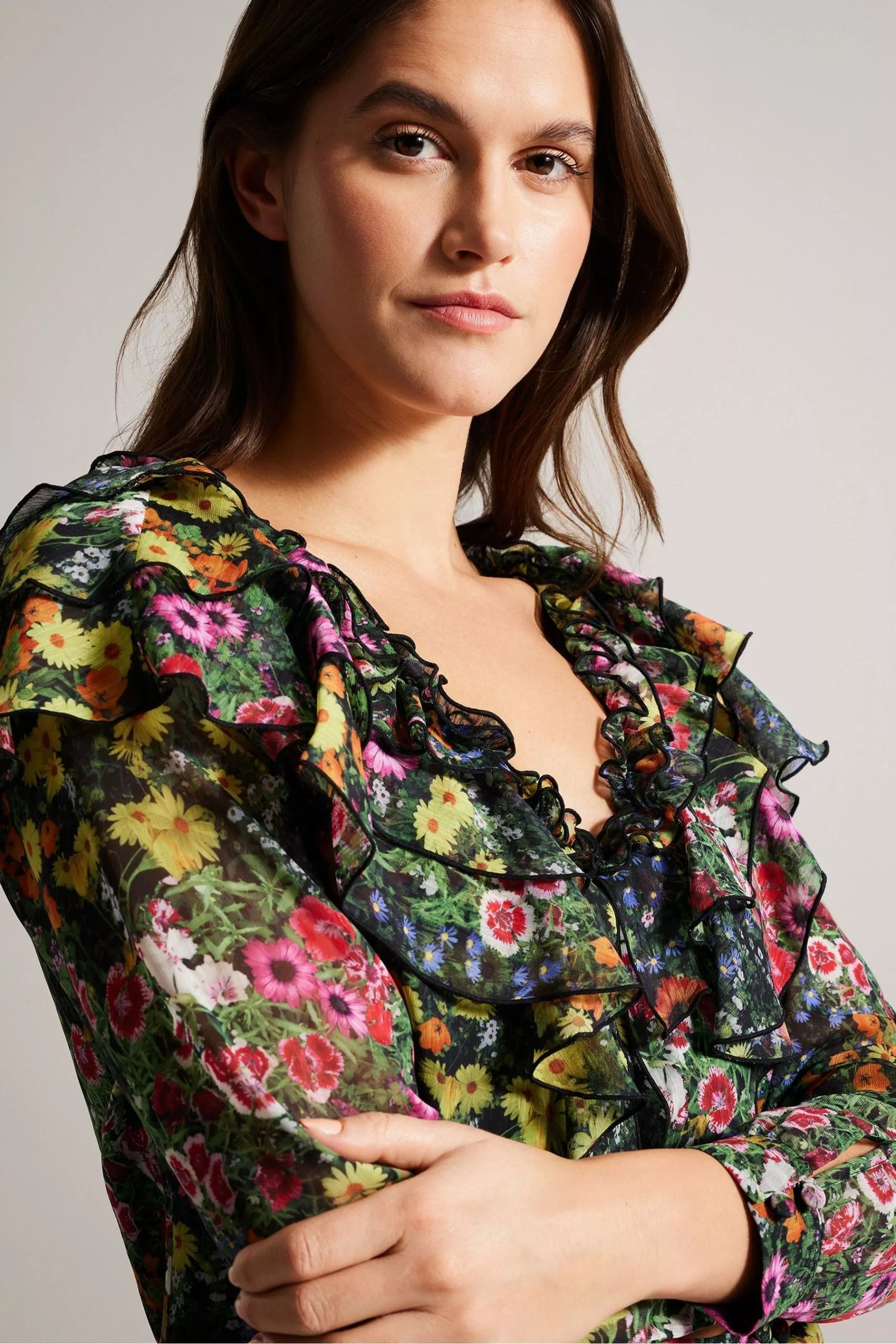 Ted Baker Amell Black Frilled V-Neck Long Sleeved Blouse - Image 4