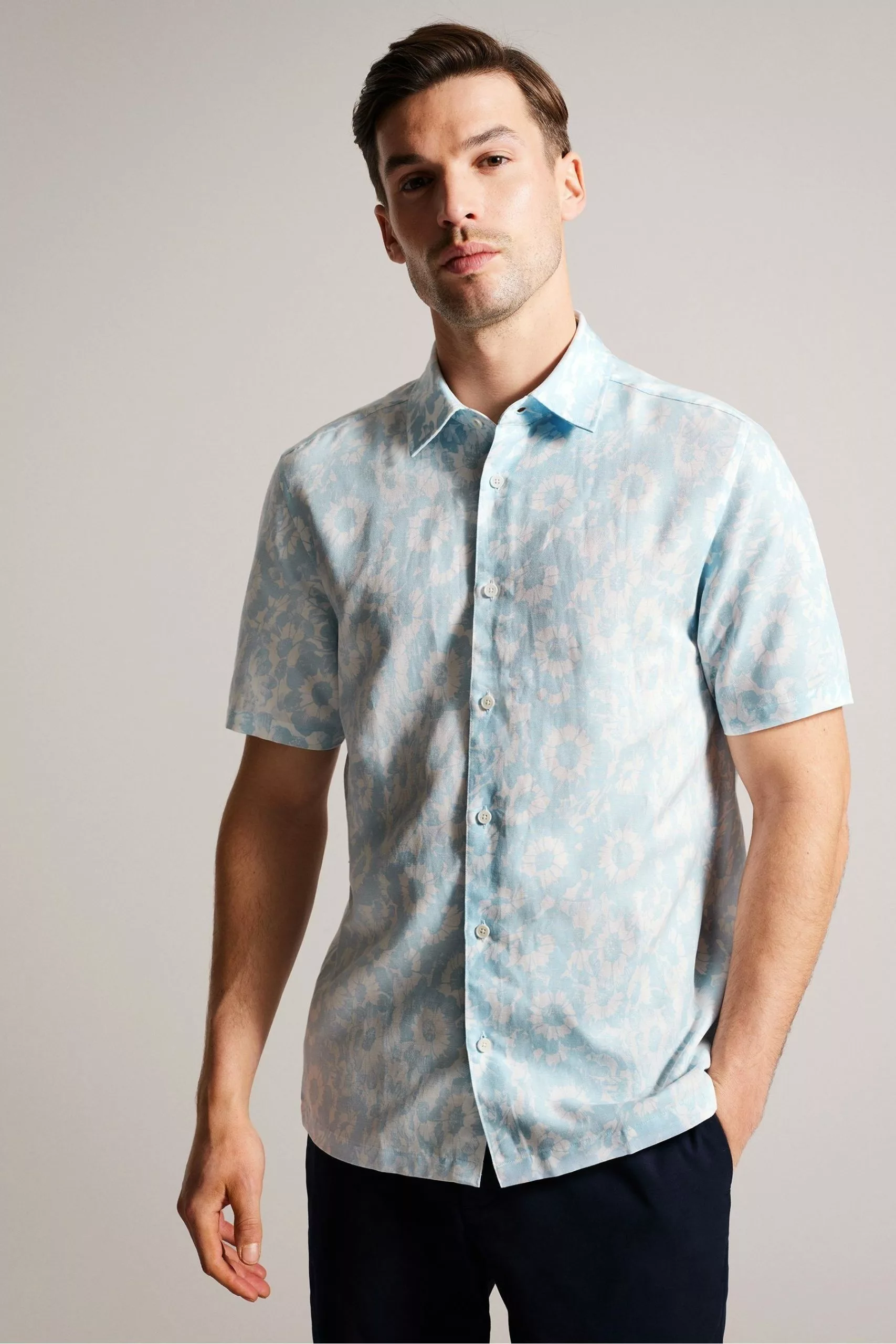 Ted Baker Blue Flaisby Short Sleeved Linen Blend Floral Print Shirt