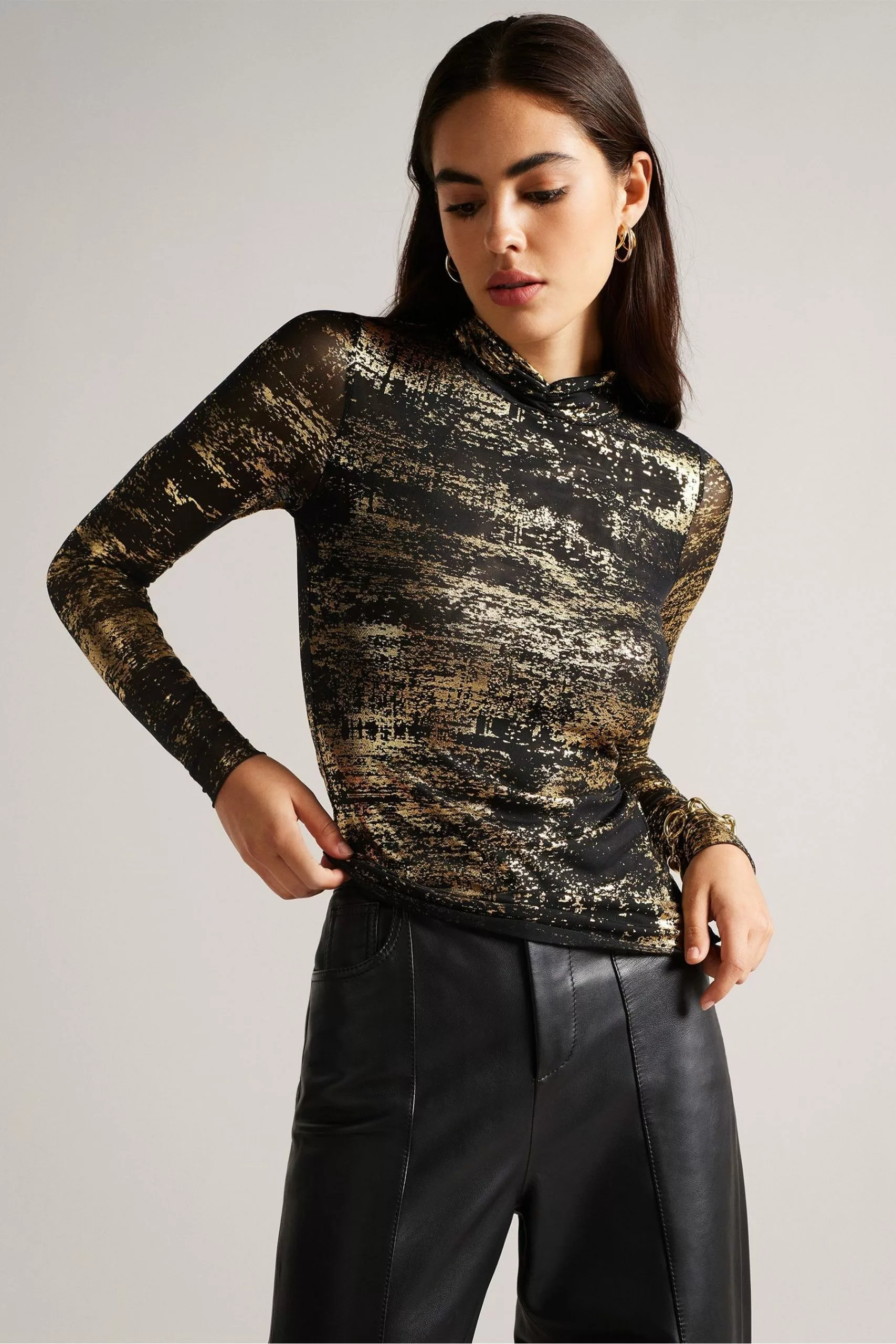 Ted Baker Sofiy Foil Print Mesh Black Top