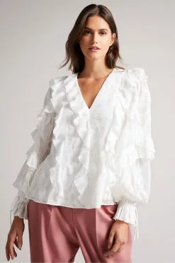Ted Baker Janeio White Ruffle Sleeve Broderie Top