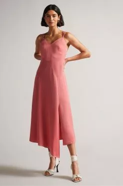Ted Baker Dusky Pink Odinne Paneled Midi Slip Dress With Asymmetric Hem