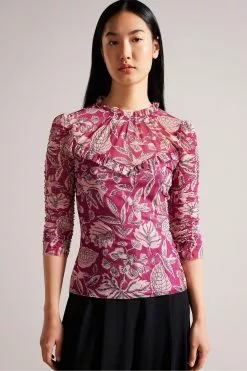 Ted Baker Pink Izabelo Printed Mesh Top With Frills