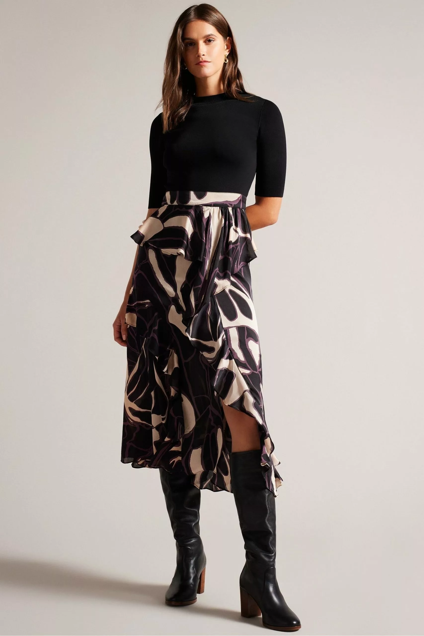 Ted Baker Serepha Black Fitted Knit Bodice Dress With Ruffle Skirt