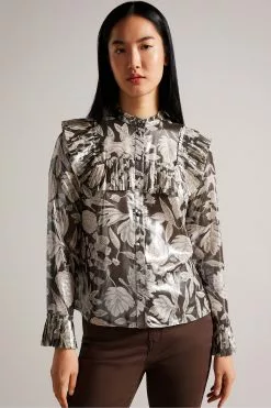 Ted Baker Dottiah Dark Brown Blouse With Ruffle Bib Detail