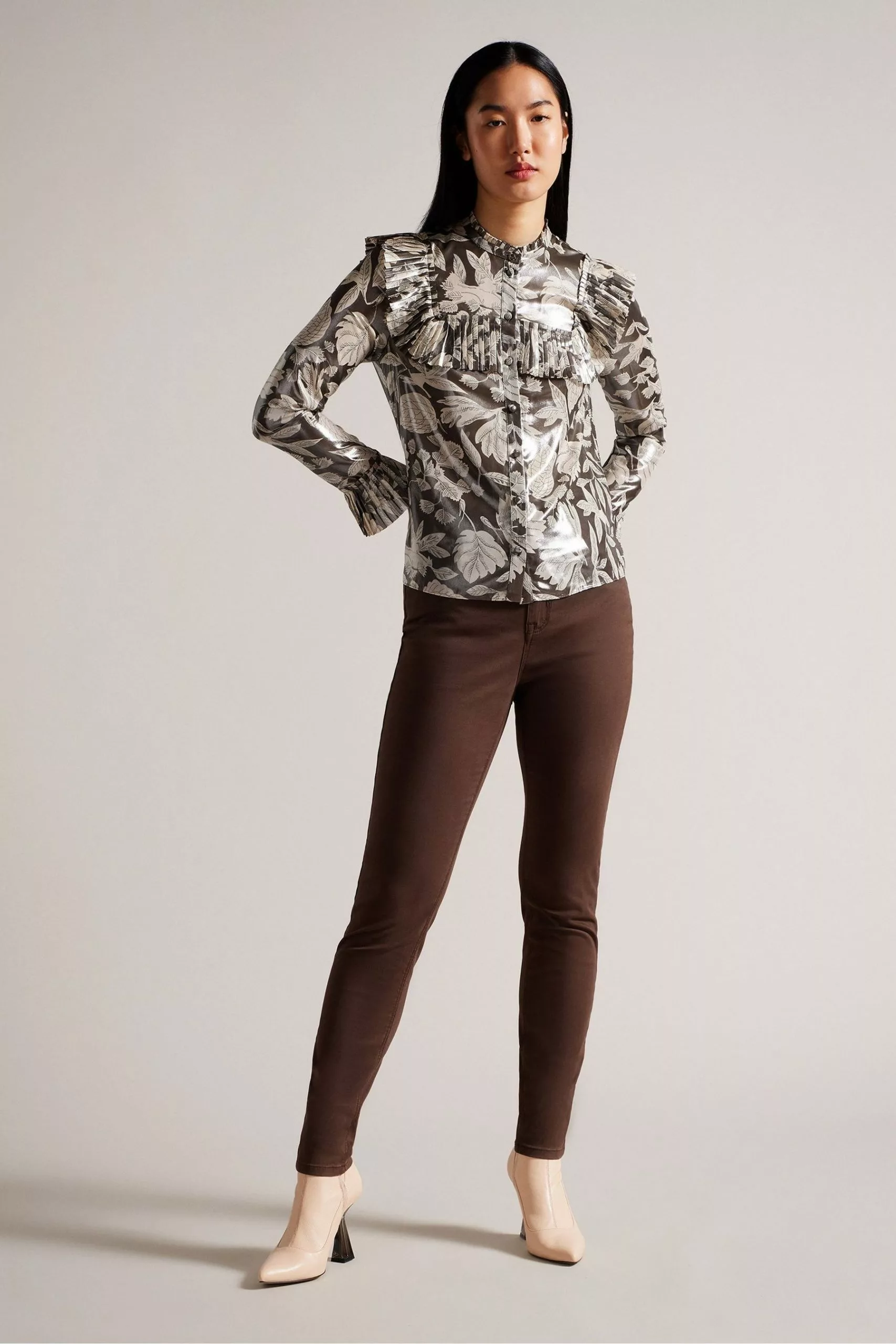 Ted Baker Dottiah Dark Brown Blouse With Ruffle Bib Detail - Image 3