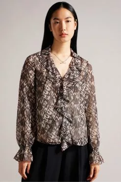 Ted Baker Nude-Pink Bertei Ruffle Blouse With Metal Ball Trim