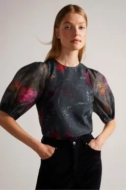 Ted Baker Ayymee Boxy Cropped Black Top With Puff Sleeve